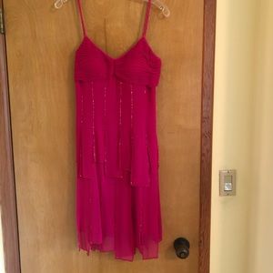 Sue Wong cocktail dress with beaded trim. Hot pink. Good condition. Size 6.